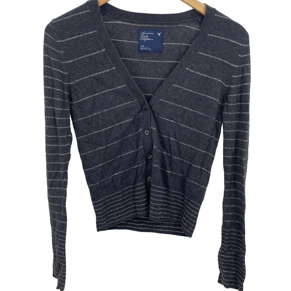 American Eagle Sweater Womens Small Cropped Y2K Style Bellacore Gray Stripe